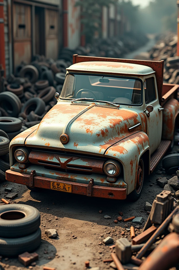 Pickup surrounded by vehicle parts