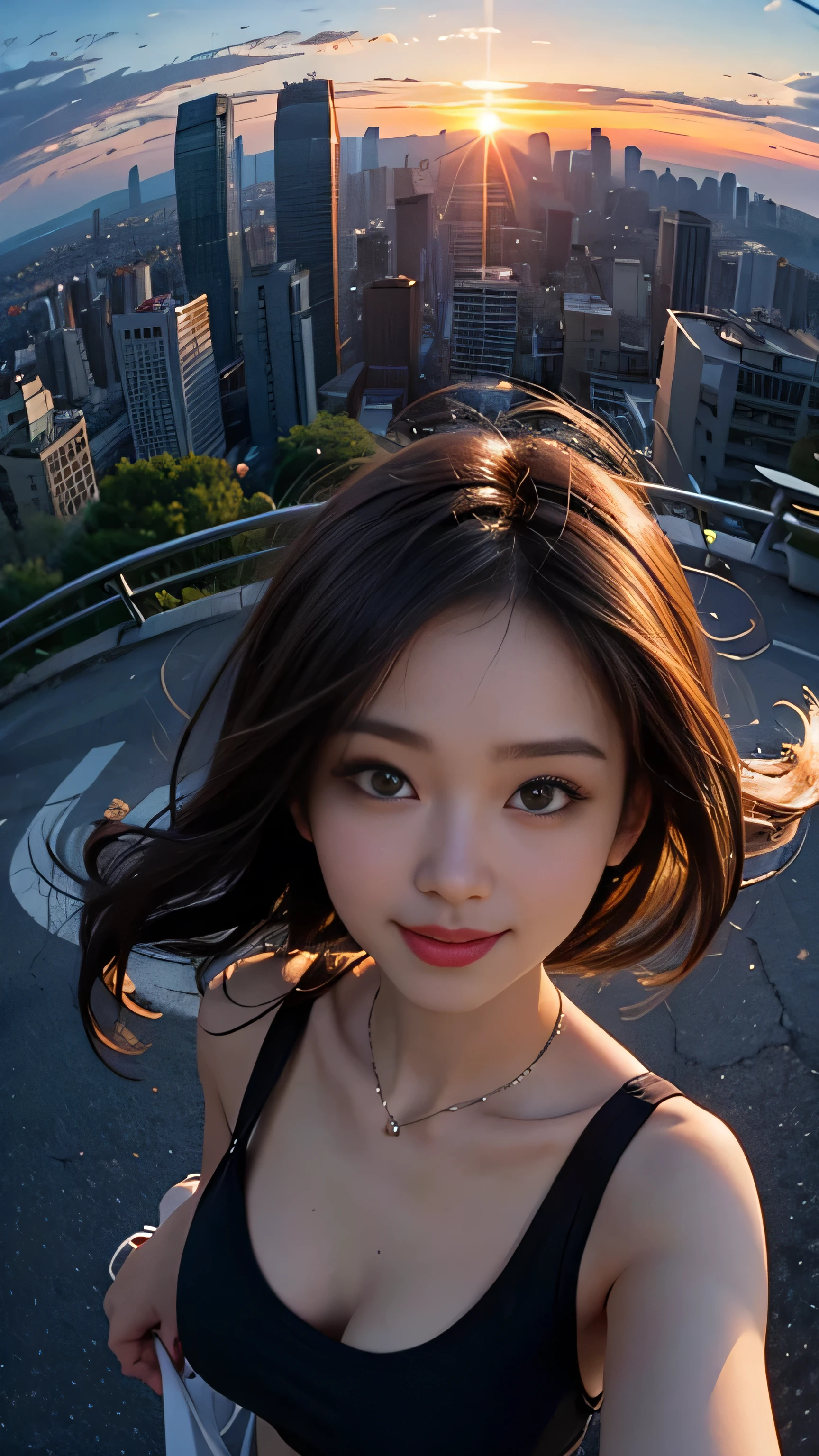 One girl, Korean, Fisheye Lens, Selfie, Wind, Messy Hair, sunset, Cityscape, (Aesthetics and atmosphere:1.2),smile