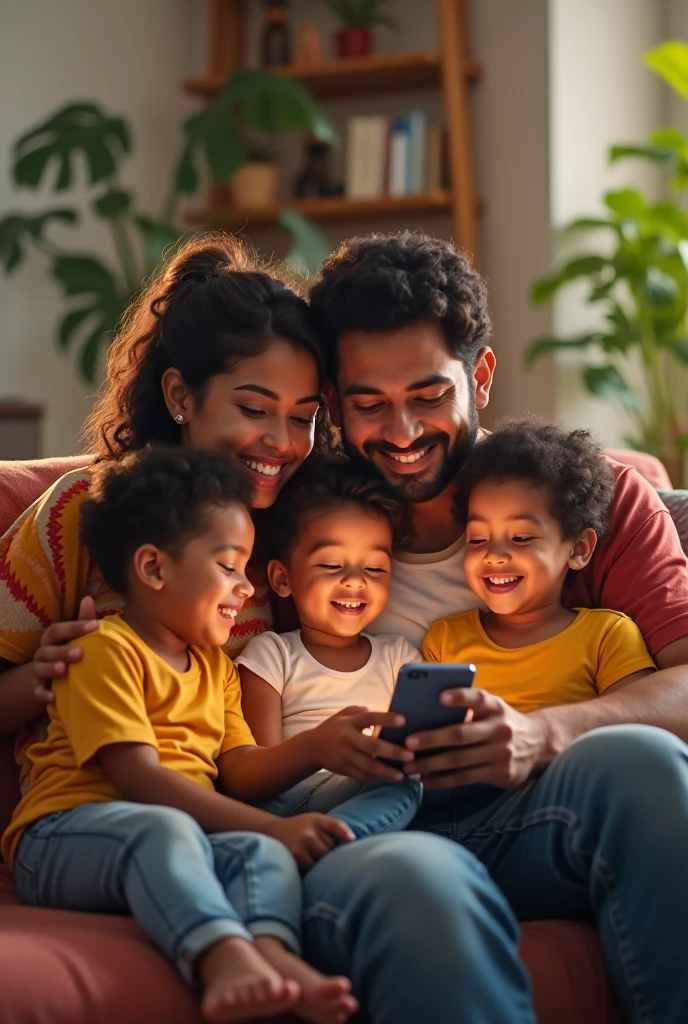 Create an image with a happy Brazilian family using a cell phone sitting on the sofa