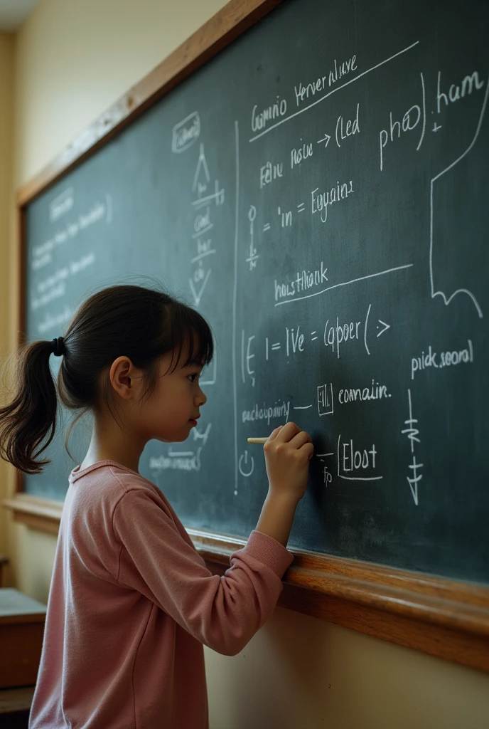Girl writing on a blackboard in English