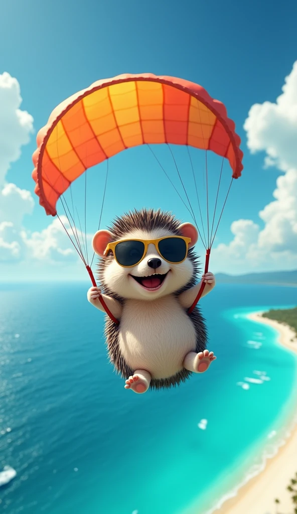 A cute and slightly chubby hedgehog character, wearing stylish sunglasses, is soaring high above a beautiful ocean while parasailing. The hedgehog holds onto the parachute handles tightly with its tiny paws, its round body gently swaying as it floats through the air. With a big, joyful grin and its sunglasses adding a cool touch, the hedgehog takes in the breathtaking view of the sparkling turquoise water below. The colorful parachute contrasts beautifully against the clear blue sky, and the distant shoreline with white sandy beaches and swaying palm trees adds to the tropical paradise vibe. This delightful scene captures the hedgehog’s adventurous and playful nature, highlighting the thrill and excitement of parasailing over a stunning ocean landscape.