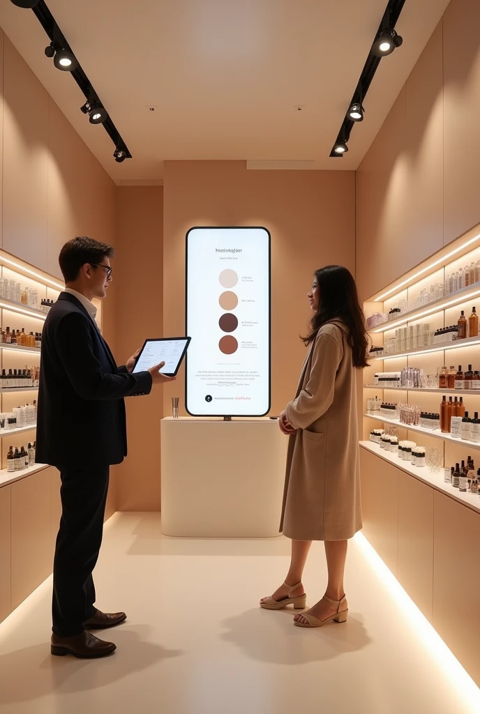 A retail space customization Area for my tinted serum product a section where customers can get personalized recommendations based on their skin tone and needs, perhaps using a digital skin tone matching tool.