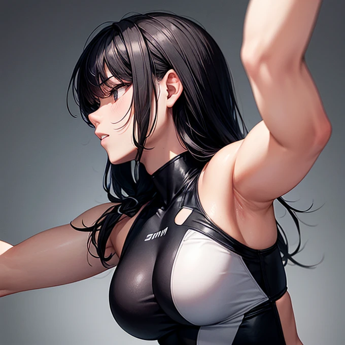 Wearing a black, tight-fitting, high-cut bodysuit、Women who wrestle