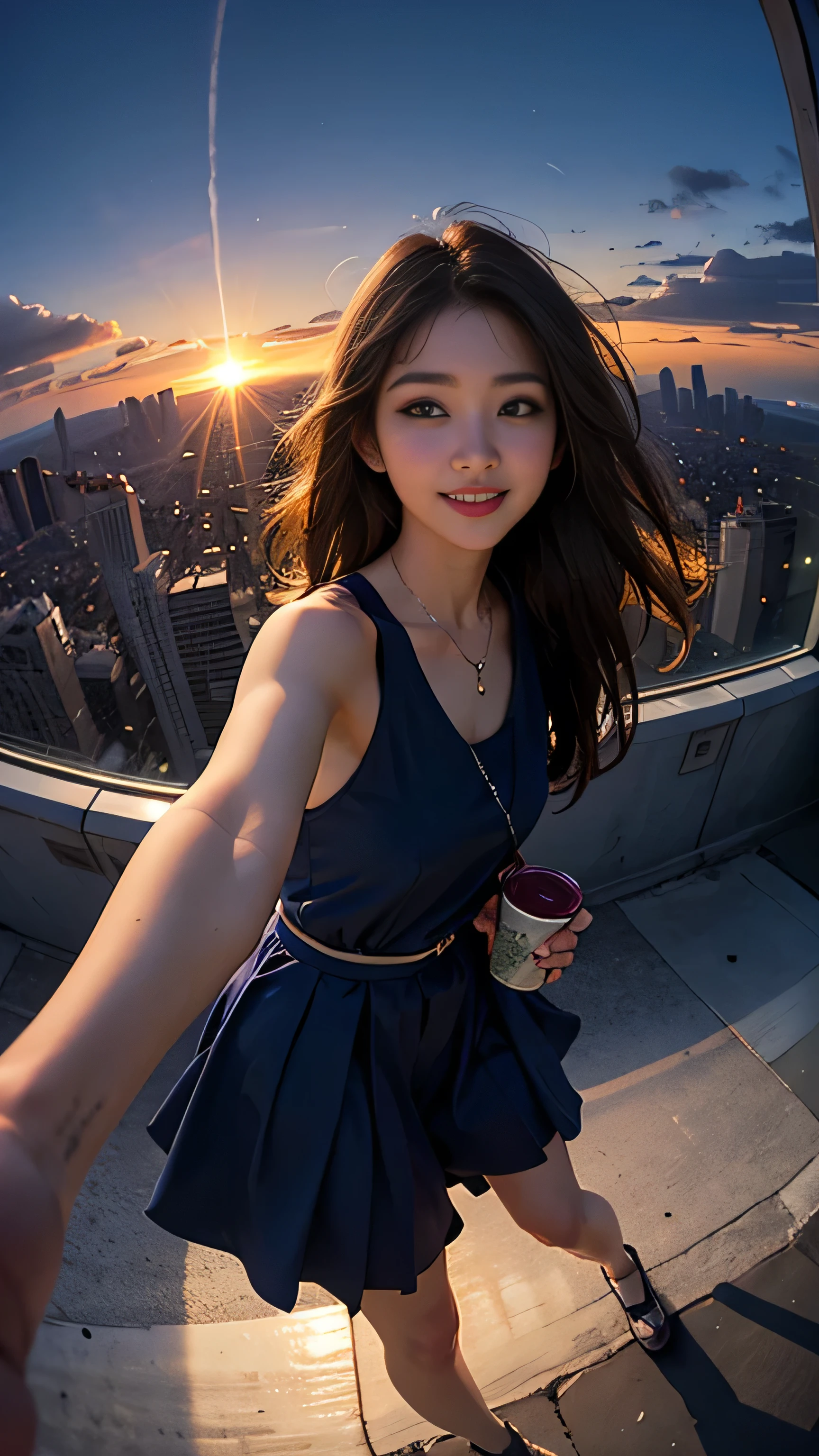 One girl, Korean, Fisheye Lens, Selfie, Wind, Messy Hair, sunset, Cityscape, (Aesthetics and atmosphere:1.2),smile