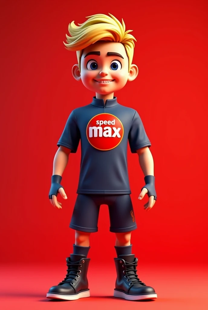 Create a mascot and I want a low 3d blonde male character wearing a dark blue uniform with a logo with a red background written speed in Portuguese and max in English, black boot with full Hd image