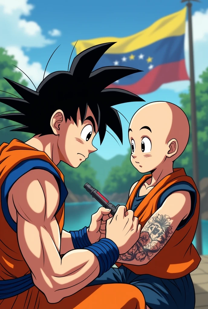 Goku tattooing Krillin with a Venezuelan flag in the background