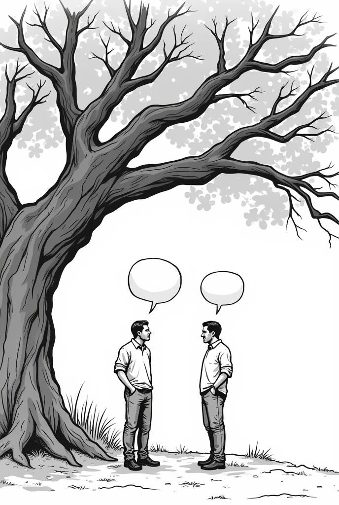 create black and white images to color, Draw the scene and each person's dialogue with a text balloon, both men.

Scene 2: Under a tree

Realistic:  Well, at least we're under this big tree. It will protect us a little if it rains.

pessimistic:  Until the wind blows and soaks us anyway.





