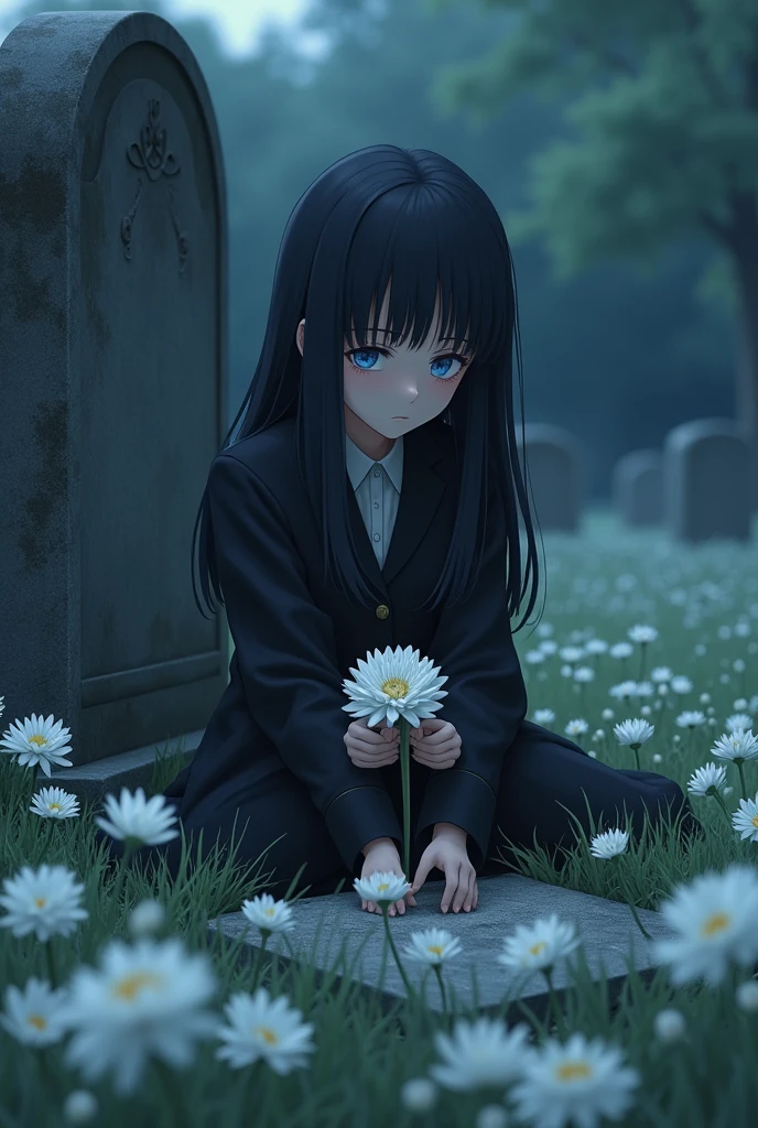 Black-skinned anime girl with straight black hair , slim, blue-eyed, short stature, dressed elegantly, looking at a grave with white flowers in her hands, while she is sitting in a cemetery looking at her mother's tombstone with a cold look

