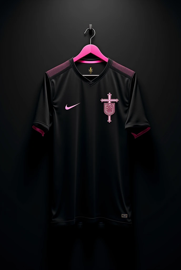 football shirt printed with the Christian symbol Jesus, on the left side the nike symbol, very dark shirt background hanging on a hanger with pink details and a black background