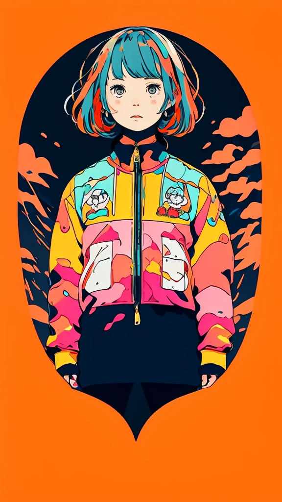 clean、Minimalist、Vector art、gradient cake scary hair、whiteいテックウェアの服、Tactical clothing(orange、white)、strong stroke around image、simple and abstract design paper cute background、Solid color background、Or pastel colors、
