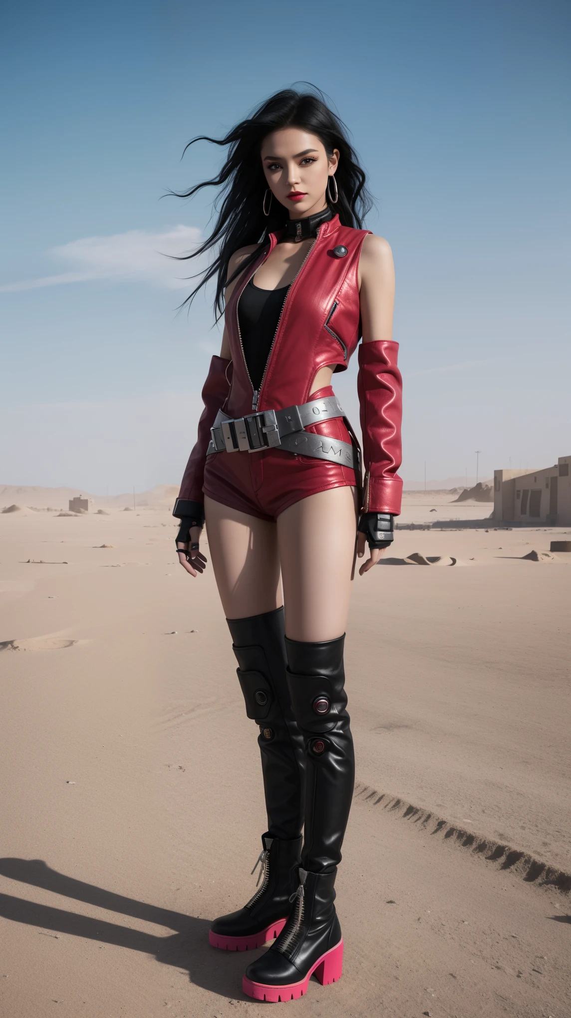 A girl posing in front of a deserted wasteland:1.3. she is wearing dust, colorful outfits with a futuristic, cyberpunk aesthetic. The overall mood is playful and energetic. Silver boots, black twirl hair, jean Paul Gaultier, clut studio, the themed color is black and red maroon