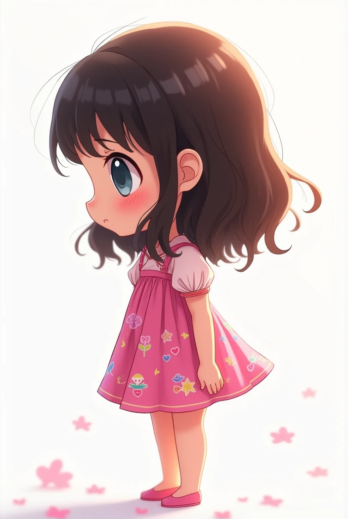Animated doll, anime style, medium length dark brown wavy hair, pink and colorful dress, full profile face to the side, white background. 