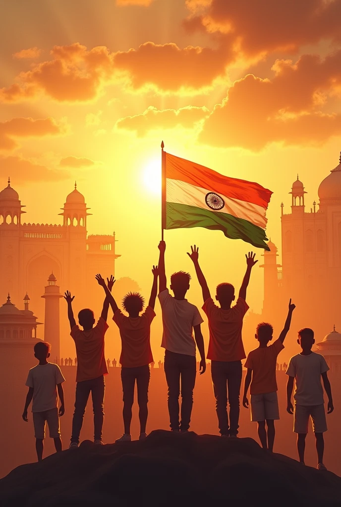 Generate an uplifting image of Indian youth holding the national flag high, with a backdrop of iconic Indian landmarks and a bright sunrise, representing hope and the future.”