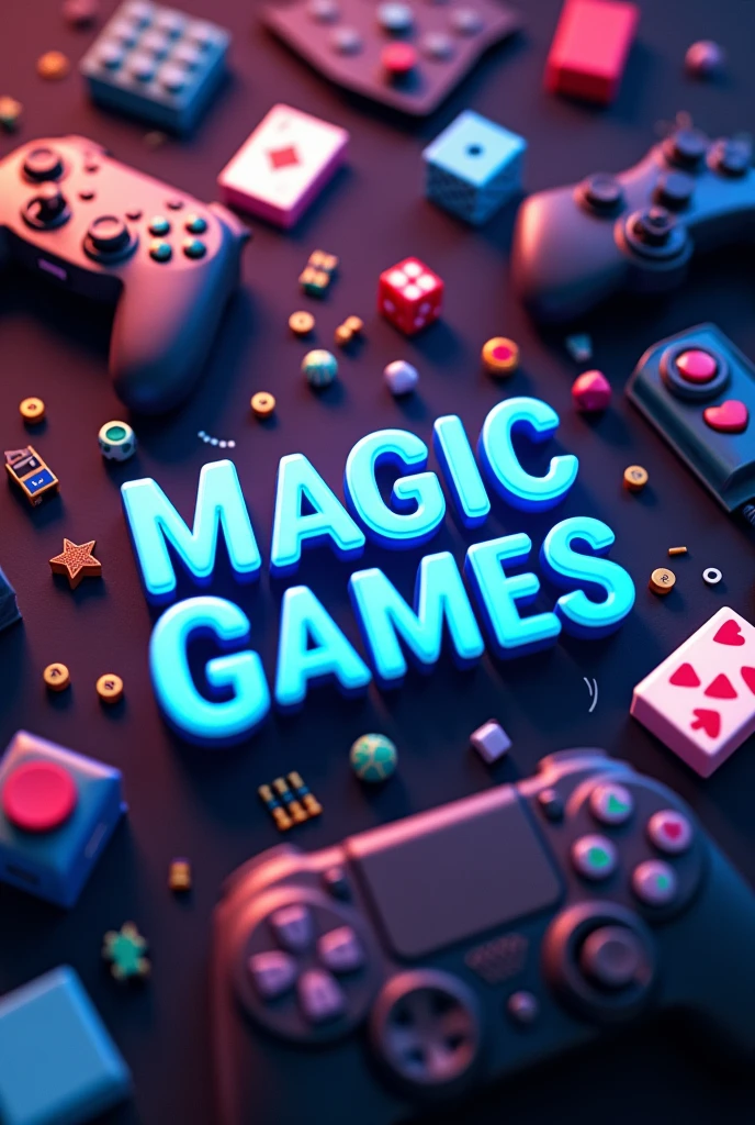 Image with a background of gaming things and the name Magic Games, in the middle