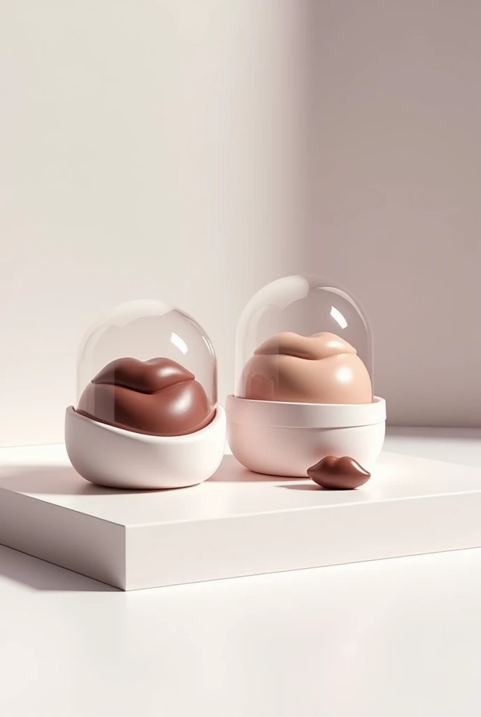 I need you to create two chocolate boxes with round shapes, of lips and human bodies that the box is white and has a transparent lid so that you can see what is inside and it must contain a white border, Also the box must be on top of a shelf, be square and next to the box box it has to have an individual sample of the shapes named above.
