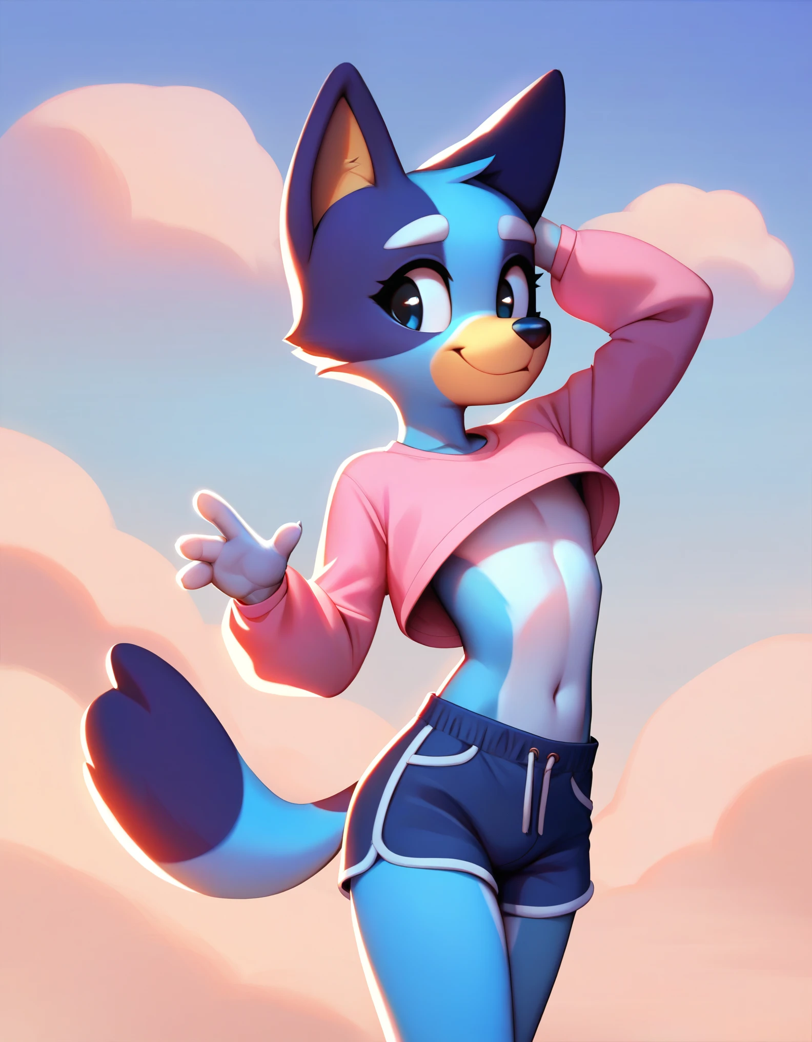 score_9, score_8_up, score_8, 1girl, source_cartoon, source_furry, blueyxl, bluey heeler, (boxchibi:0.2), 11 year old girl, cowboy shot, anthro, furry, tail, blue body, animal ears, flat shaded background, sky, day, cloud, blue sky, feminine, slender figure, slim body, detailed fur texture, cute outfit, blue shorts, pink shirt, long sleeve, 