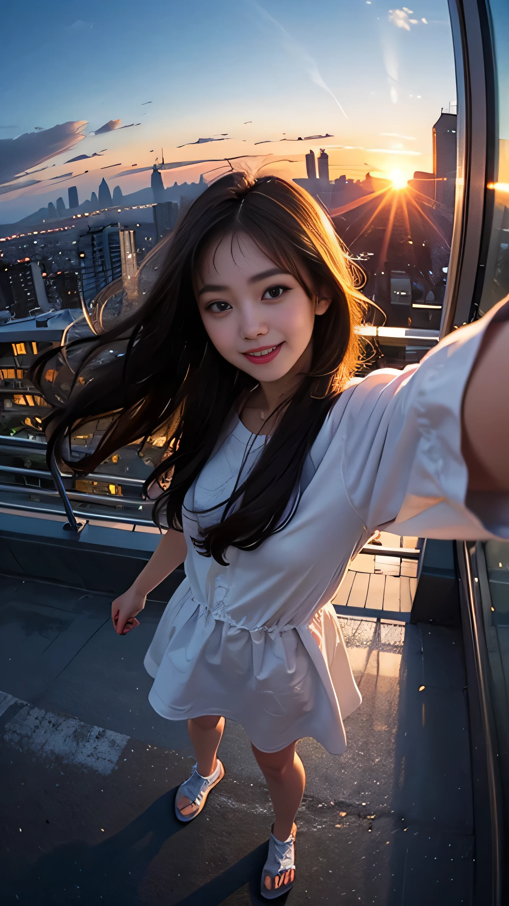 One girl, Korean, Fisheye Lens, Selfie, Wind, Messy Hair, sunset, Cityscape, (Aesthetics and atmosphere:1.2),smile