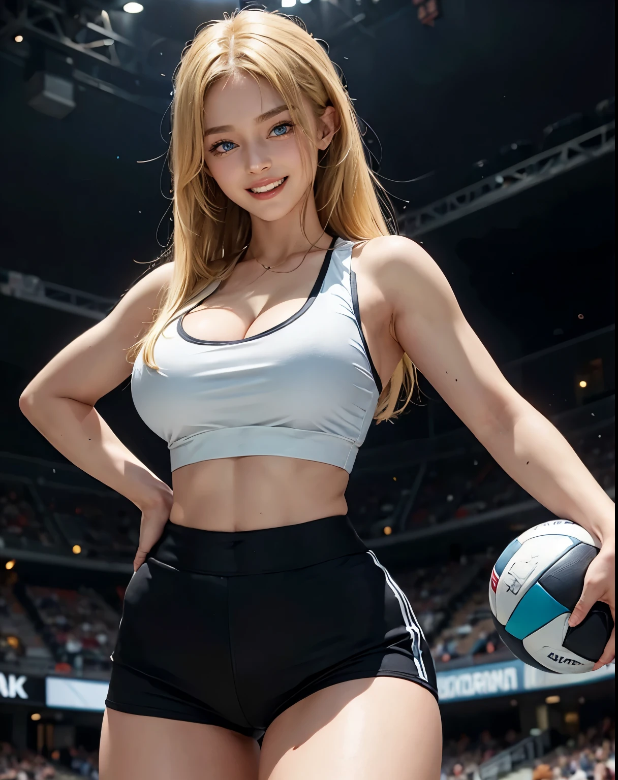 1girl, (Blue Eyes), ((laughing :1.2)), (big tits :1.1), (big ass), (thin waist :1.2), ((thick thighs)), ((toned legs :1.1)), muscle, (Best Quality, 8k, Masterpiece: 1.3), Clear Focus: 1.2, Perfect Body Beauty: 1.4, (strong abs), Highly detailed face and skin texture, detailed eyes, double eyelids, (shiny skin :1.2), (blonde long hair :1.3), (cleavage black tank top :1.2), ((black sports mini shorts :1.2)), standing, ((dynamic pose :1.2)), on a soccer field