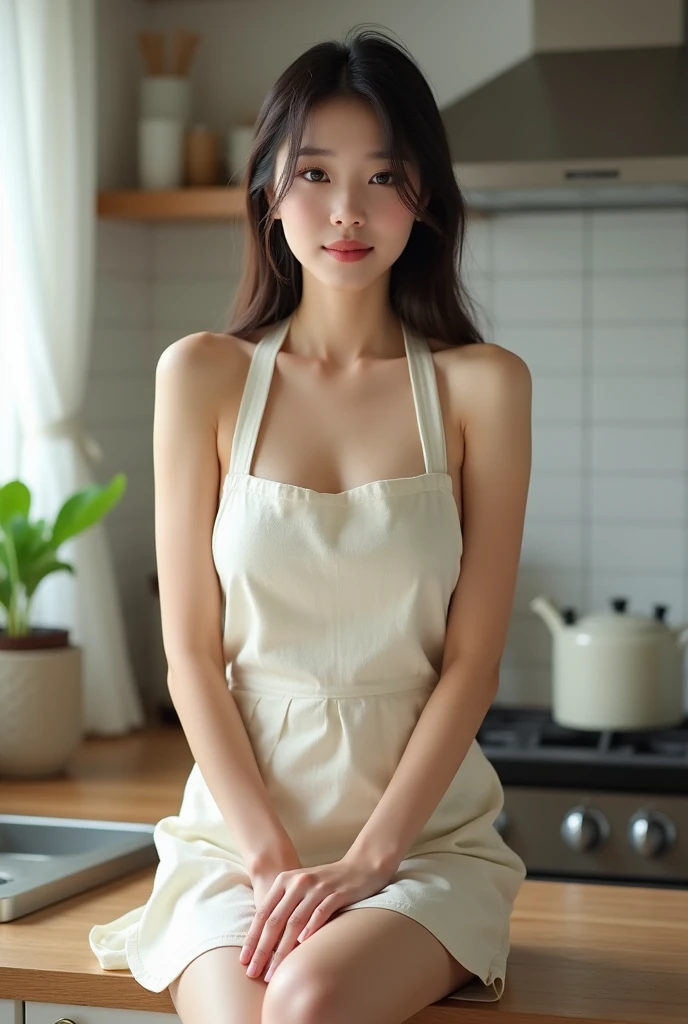 A beautiful Korean girl without clothes sitting on the kitchen counter, wearing a very small apron that allows her big breasts to be seen 