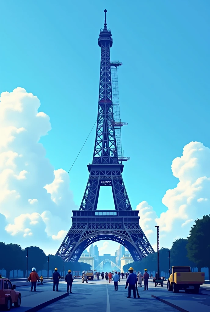 Create an image of the Eiffel Tower in Paris, under construction or maintenance, highlighting the scaffolding and equipment around the structure. Use a palette of predominantly blue tones. The tower should be presented with metal scaffolding around it, with workers and cranes visible, while the structure itself is shown in shades of blue that range from light to dark. The background sky should be blue, complementing the image with clouds in soft shades of blue. The lighting should accentuate the details of the structure and scaffolding, creating a subtle contrast between the iron of the tower and the construction elements