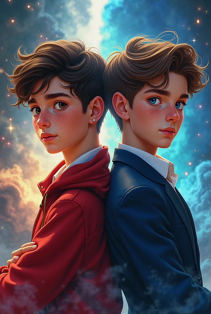 A book cover showing a young Checo Pérez with dark brown hair, brown eyes and freckles, dressed as a wizard and a young Max Verstappen with light brown hair, with blue eyes and dressed like a businessman.