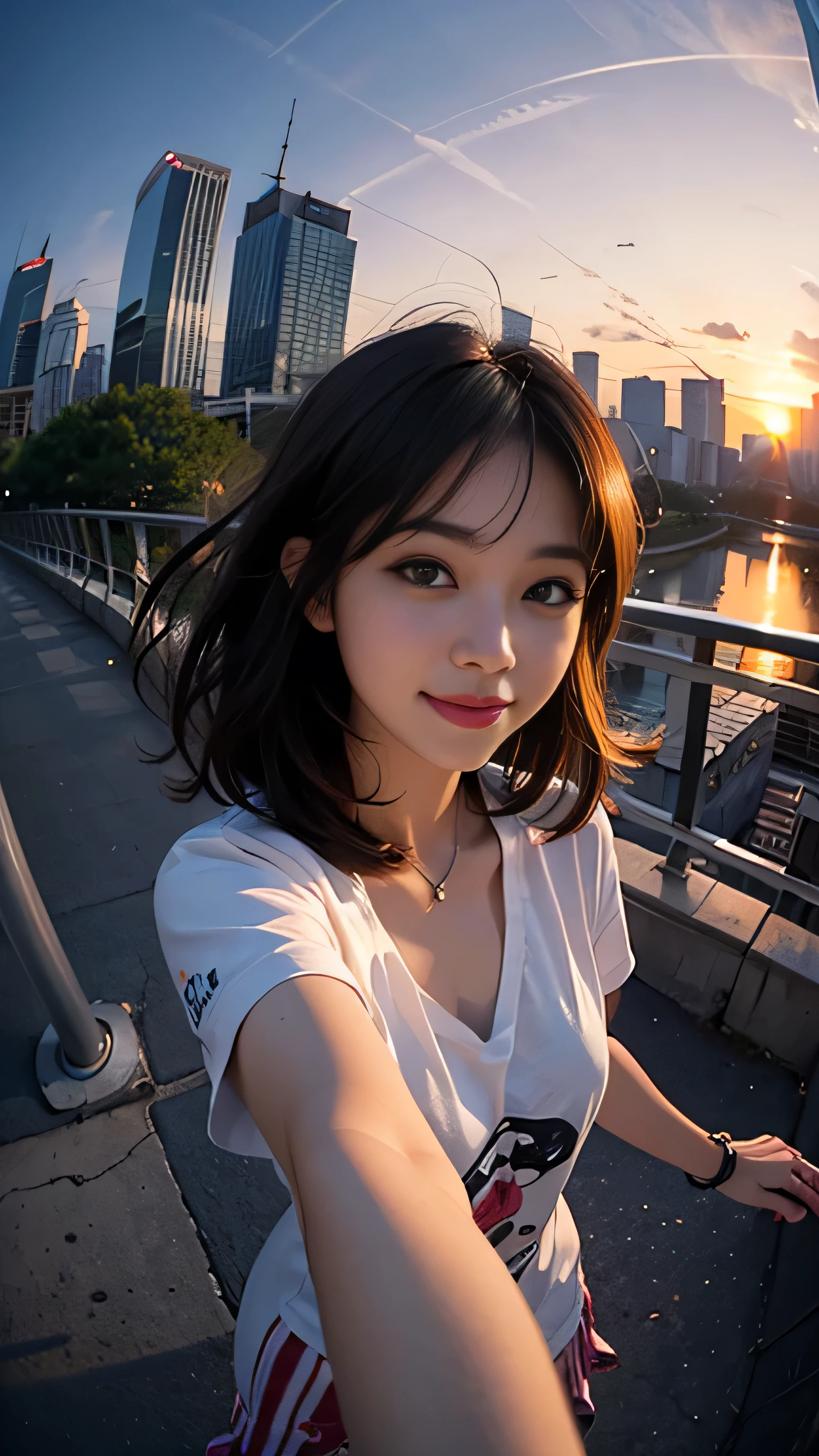 One girl, Korean, Fisheye Lens, Selfie, Wind, Messy Hair, sunset, Cityscape, (Aesthetics and atmosphere:1.2),smile