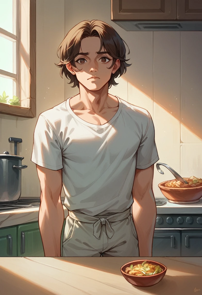 1 pretty girl，aprons，But nothing，white skinned，looking at viewert，Brown eyes，Realistis，at the kitchen，ssmile，low chest，huge tit