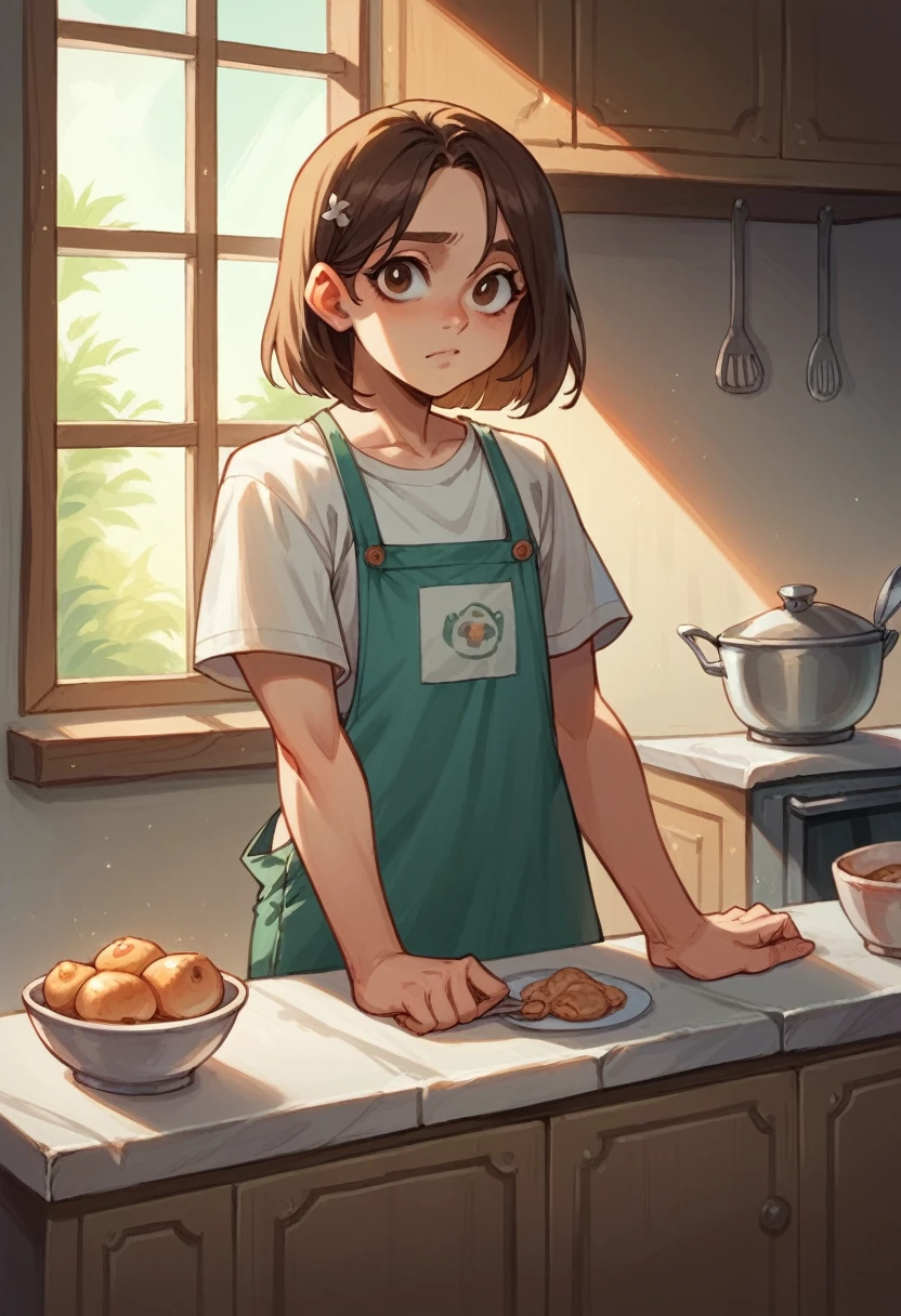 1 pretty girl,aprons,But nothing,white skinned,looking at viewert,Brown eyes,Realistis,at the kitchen,ssmile,low chest,huge tit