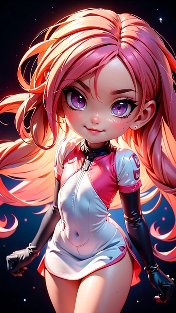 pnkdamond, pink hair, pink eyes,  long hair,  stomach gem,  pink skin,  toned, 
puffy short sleeves, elbow gloves ,  white thighs,   Puffy dress, 
standing, Upper part of the body, 
 outer space,  
(incredibly detailed, beautiful detailed face,Beautiful detailed eyes, Masterpiece, Best Quality) cinematic lighting,  SMILE, 
 