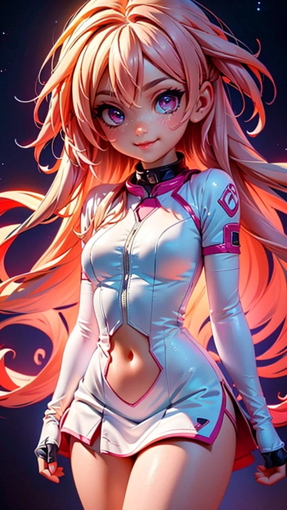 pnkdamond, pink hair, pink eyes,  long hair,  stomach gem,  pink skin,  toned, 
puffy short sleeves, elbow gloves ,  white thighs,   Puffy dress, 
standing, Upper part of the body, 
 outer space,  
(incredibly detailed, beautiful detailed face,Beautiful detailed eyes, Masterpiece, Best Quality) cinematic lighting,  SMILE, 
 