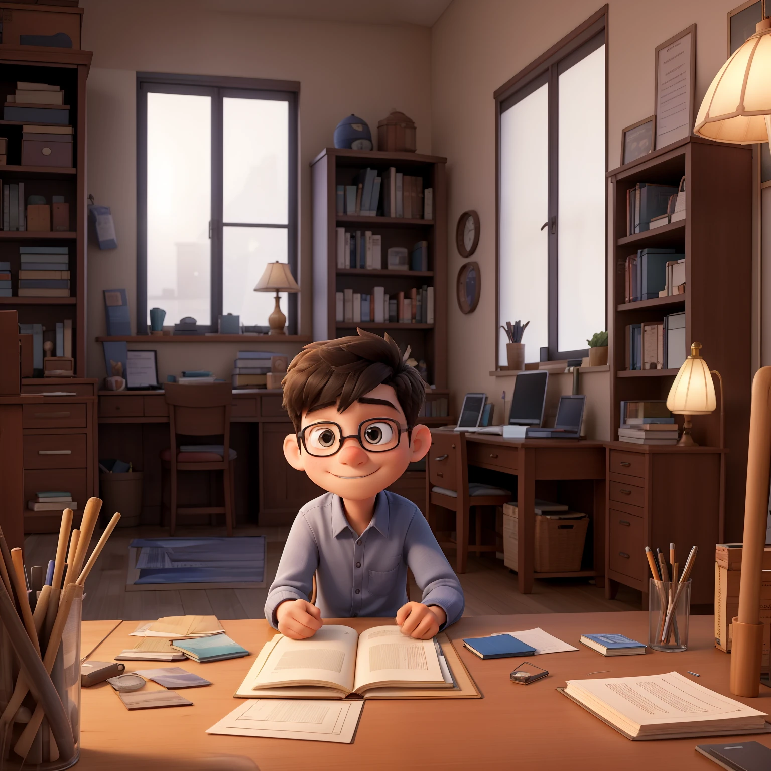 A boy is sitting at his study desk., with a bored expression, looking at the books with disinterest. The table is messy, with papers scattered.