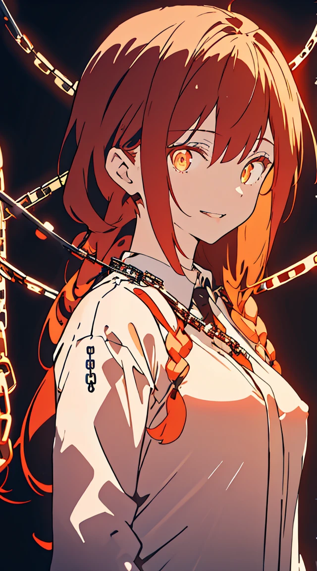 hand \(chainaw man\), Highest quality, Super detailed, One person, alone, Are standing, Redhead, Long braided hair, Golden Eyes, bangs, Medium chest, Erect nipples,White shirt, Tic, stare, smile, (evil:1.2), Displaying the viewer, (interview:1.3), (Dark Background, chain:1.3)