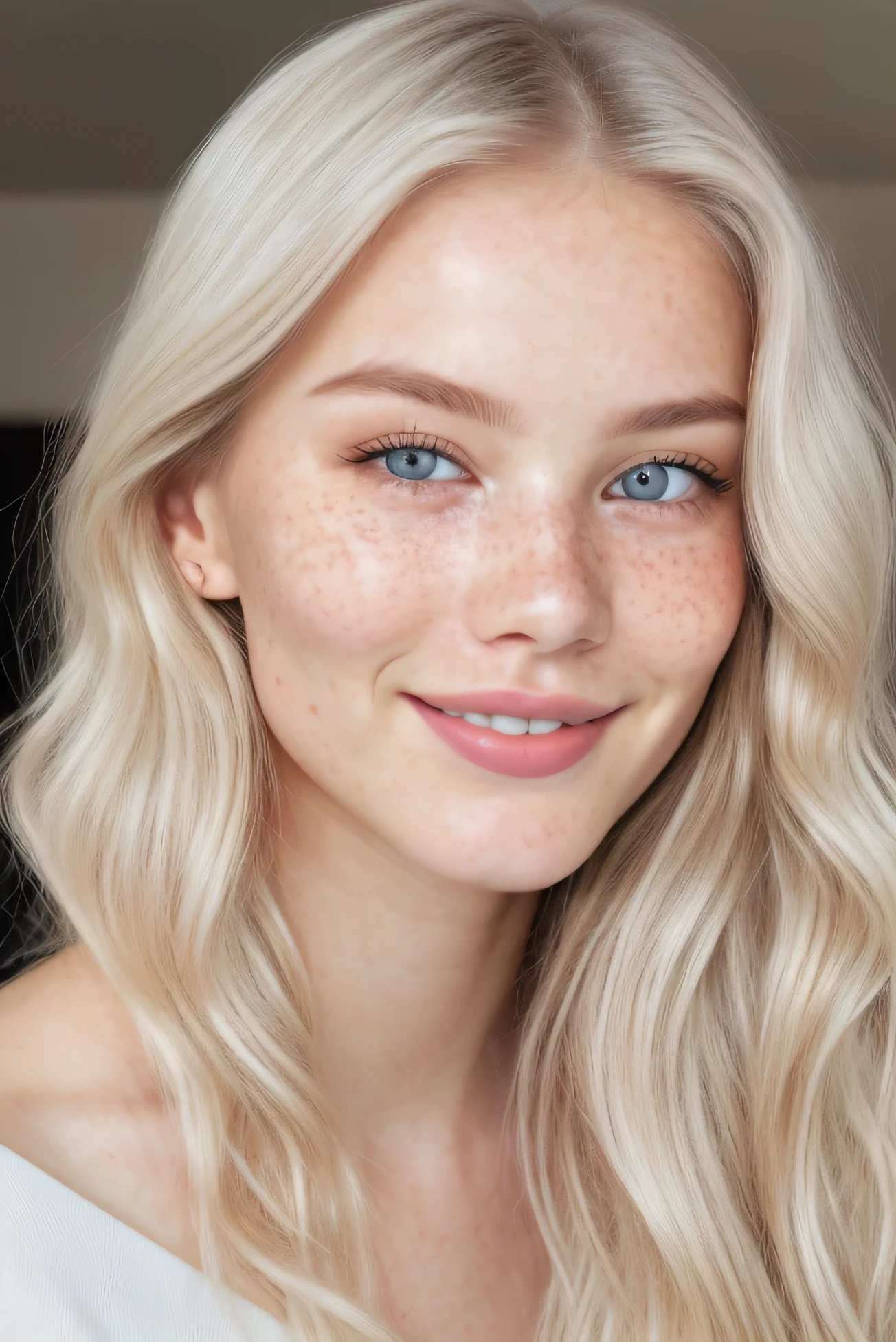 Face of a yong woman, russian, age 18, pale skin and soft freckles, gray eyes, delicate nose, soft and delicate lips, Long wavy gray blonde hair, cute shy smile, highly rendered, ultra-realistic photorealismHD 8k