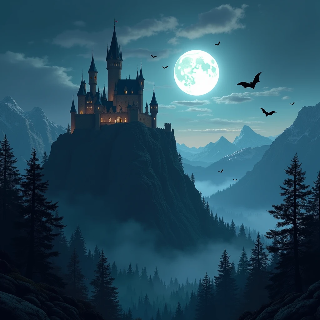 Castle on top of a mountain seen at night, Moonlight illuminating the image, Forests surrounding, Bats flying in the sky near the castle