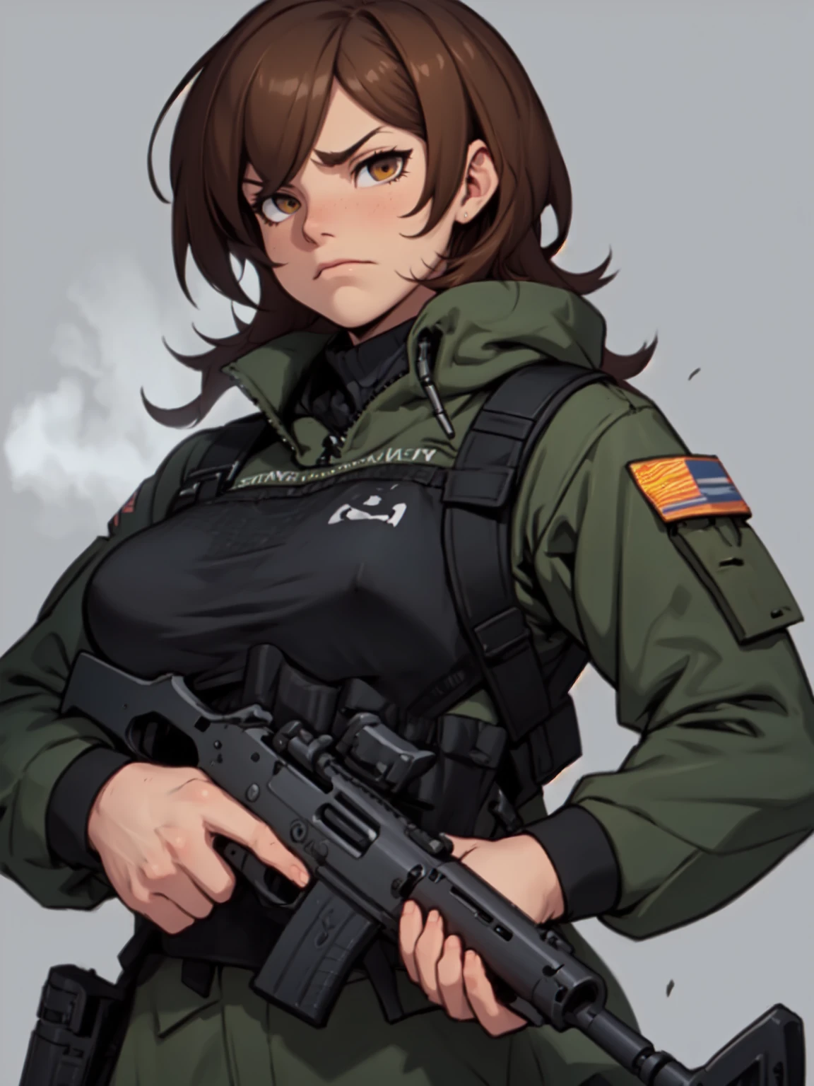 brown hair hazel eyes solo muscular girl toned body perky breasts empty eyes frown thick pale skin shooting range weapon gun firearm tactical gear shooting range weapon gun firearm tactical gear shooting range weapon gun firearm tactical gear
