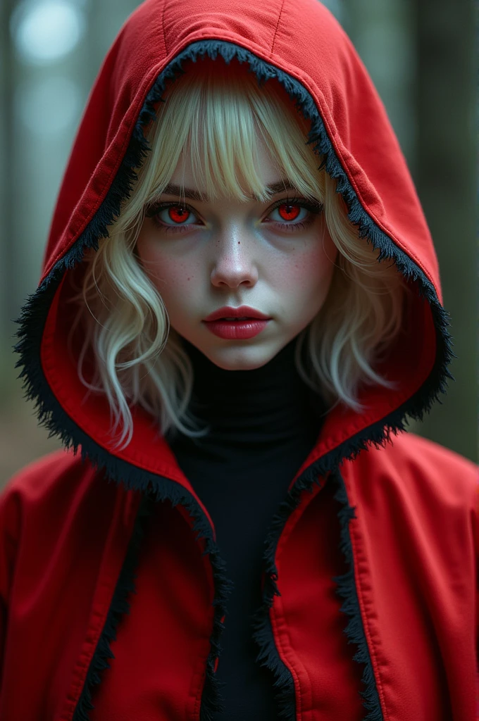 White girl with red eyes and blonde hair, using a red cloak with a black line, a perverted rosti