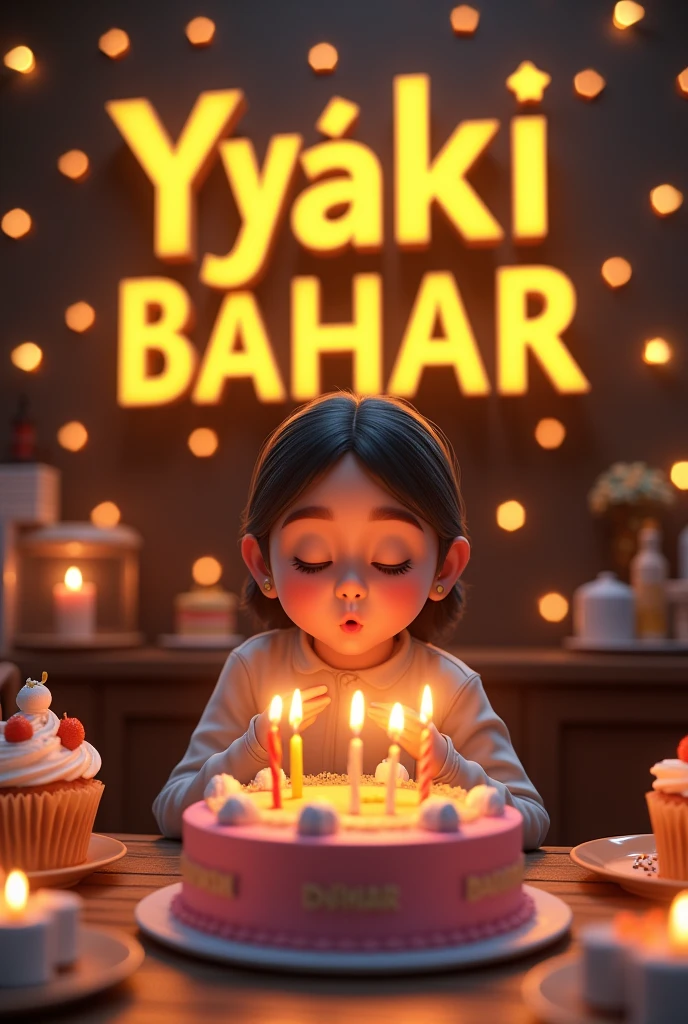 LET THERE BE A PHOTO OF YOUR BIRTHDAY, LET THERE BE CAKES, CANDLES AND STARS. LET LIGHTS, LIGHTHOUSES AND EVERYTHING BE IN THE PHOTO. WRITE ' BAHAR' WITH A 3D LOGO ON THE CAKE. LET THE PHOTO BE INSPIRING. Let a lady be in the photo, blow the candles, and write ' İYİKİ DOGDUN BAHAR' in golden yellow with a 4k and 3d LOGO on the wall.