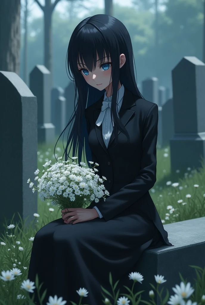 Anime girl with black skin, dark hair, straight black hair , slim, blue-eyed, short stature, dressed elegantly, looking at a grave with white flowers in her hands, while she is sitting in a cemetery looking at her mother's tombstone with a cold look