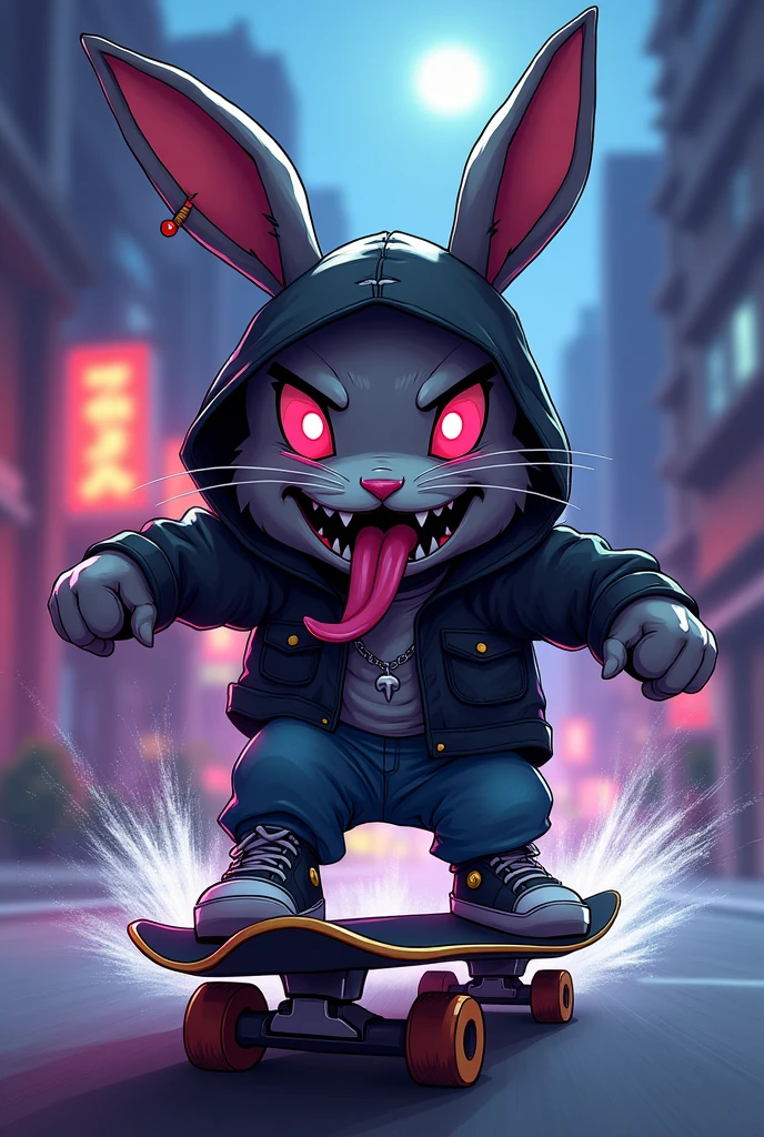 Human Rabbit, wearing skater clothes in a gangster style, on top of a skateboard with high-speed effects, with a malicious grin with a big, sharp tongue sticking out (tongue out) and scar on the eye, earring in ear, a night with lighting tones pulled towards purple and a touch of blue, moonlight style art: cartoon drawn in anime style