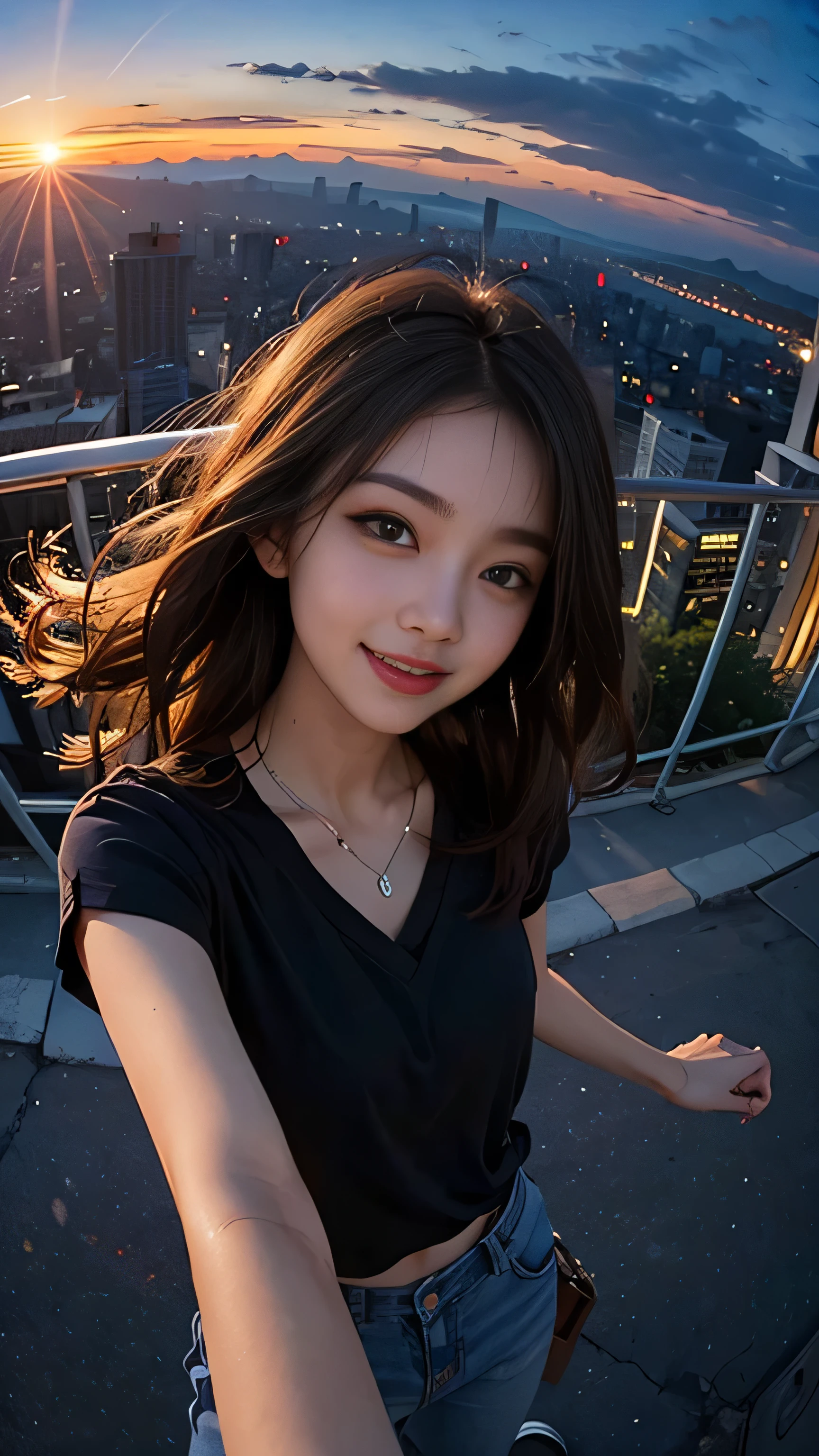 One girl, Korean, Fisheye Lens, Selfie, Wind, Messy Hair, sunset, Cityscape, (Aesthetics and atmosphere:1.2),smile