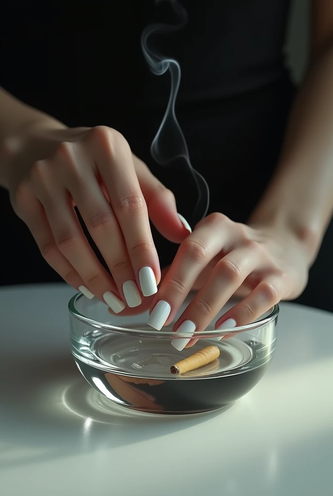 Woman hand crushing a cigarette in an ashtray with white nail polish. Nails are mid long