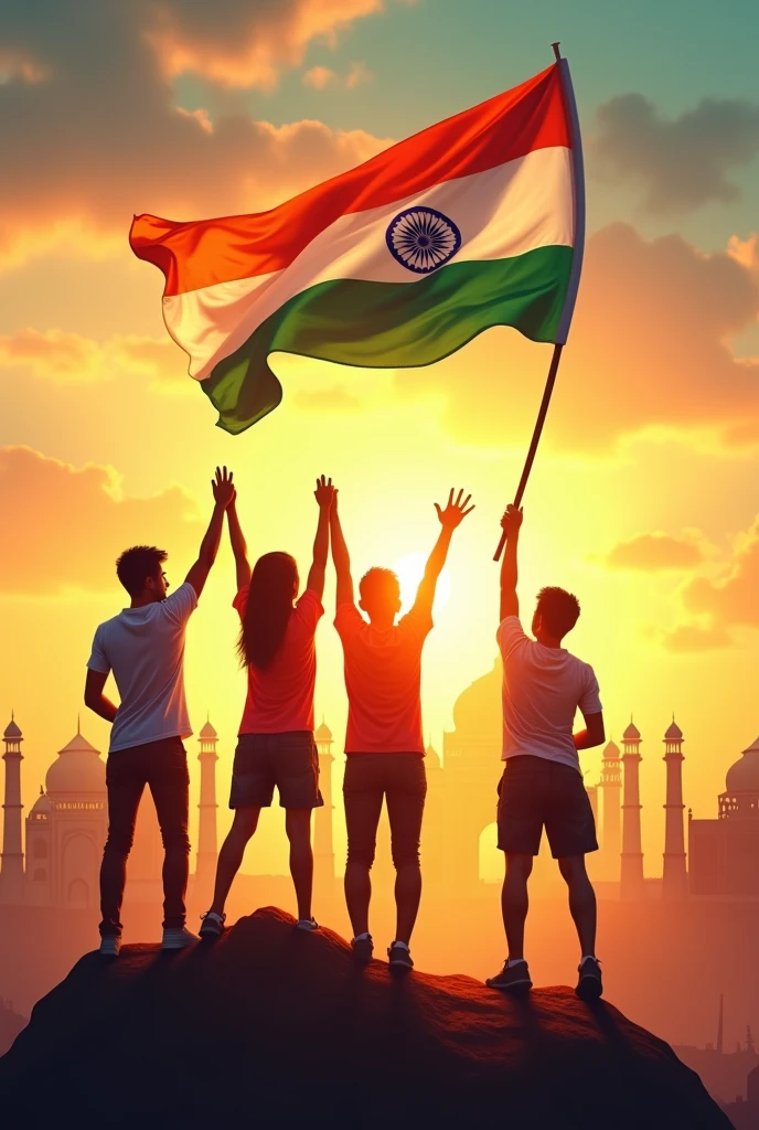 Generate an uplifting image of Indian youth holding the national flag high, with a backdrop of iconic Indian landmarks and a bright sunrise, representing hope and the future.”