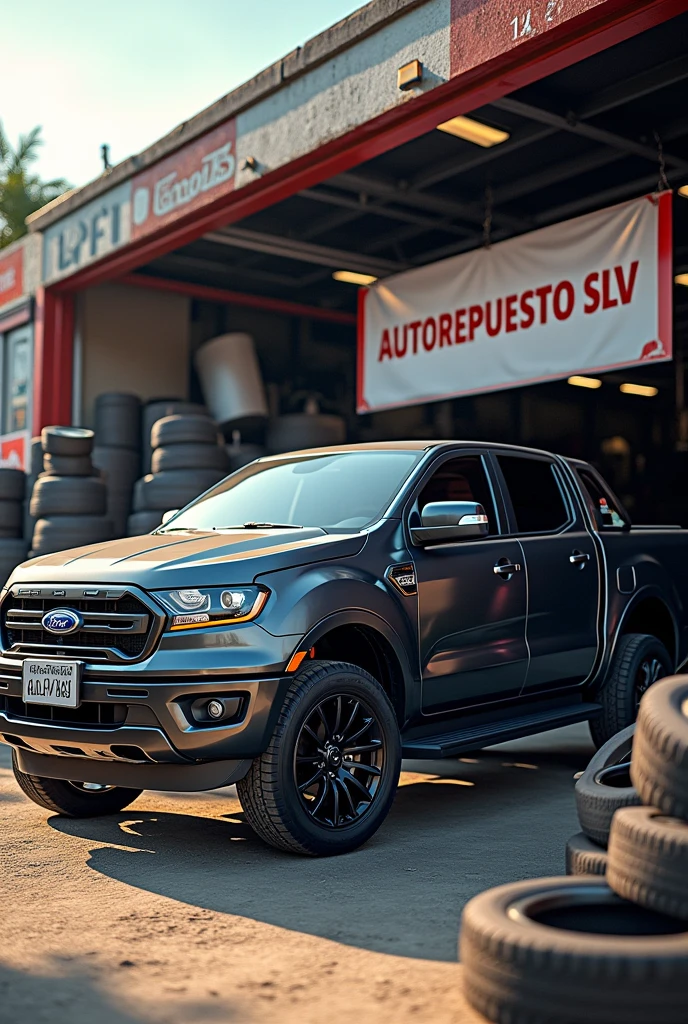 Pickup truck profile, surrounded by new vehicle parts, with the name of Autorepuestos SLV