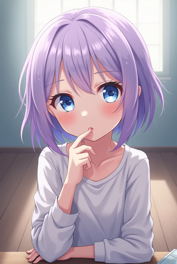 Anime girl with light purple, short hair, blue-white eyes and serious expression, comfortable clothes for a 13 year old girl