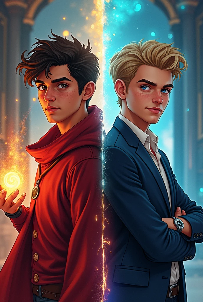 A book cover showing a young Checo Pérez with dark brown hair, brown eyes and freckles, dressed like a sorcerer and a young Max Verstappen with dark blond hair, with blue eyes and dressed like a businessman.