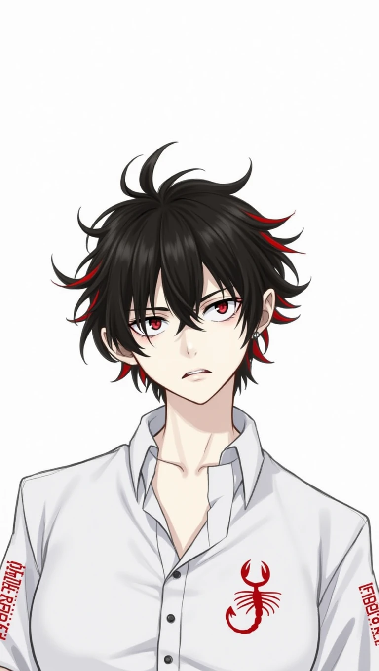 Slim girl with a well-worked body of white skin, messy short dark brown hair with red streaks, red eyes, Irritated facial expression. Japanese gang uniform in black with the emblem of a red scorpion on the back, and on the sleeves it says Red Scorpion Tokyo Revengers style drawing