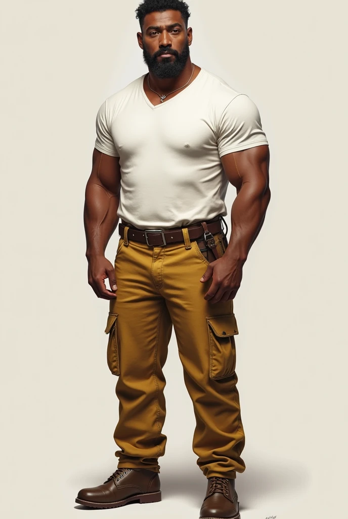 A brown-skinned man wearing mustard-colored cargo pants, a white t-shirt, and dress boots. 