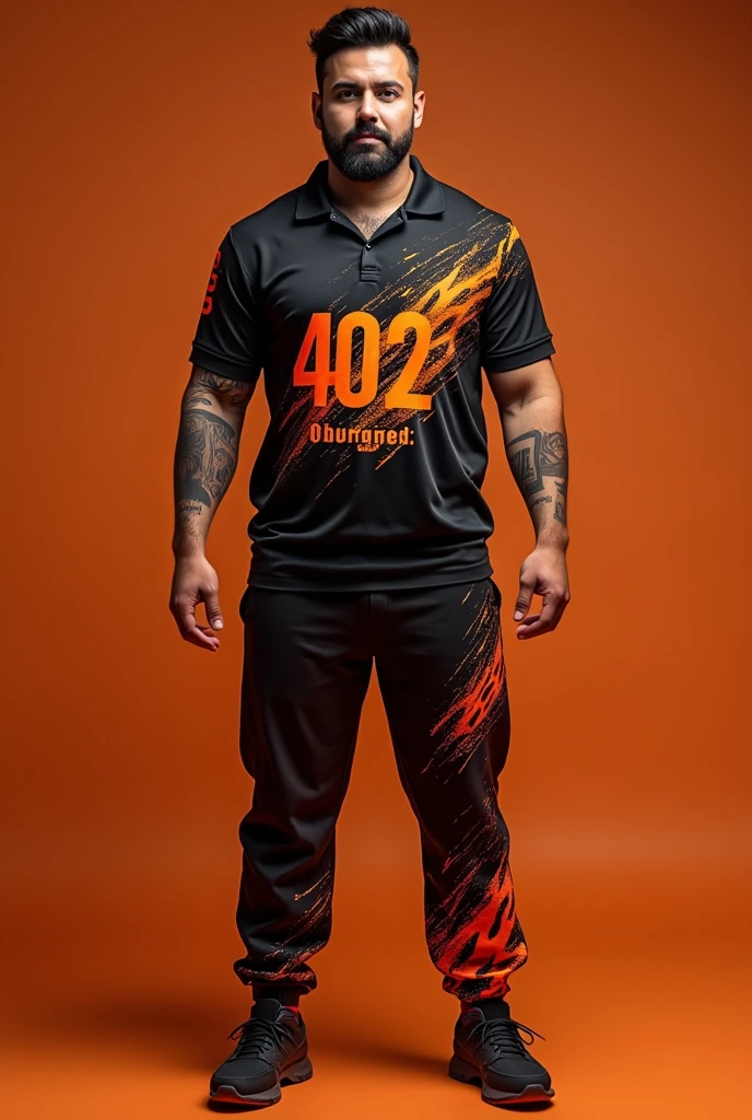 Design a complete uniform for a burger restaurant with the 402burger logo in orange and black colors with a polo shirt and jogger pants that are creative and disruptive with creative designs and flames on the sweatshirt and t-shirt