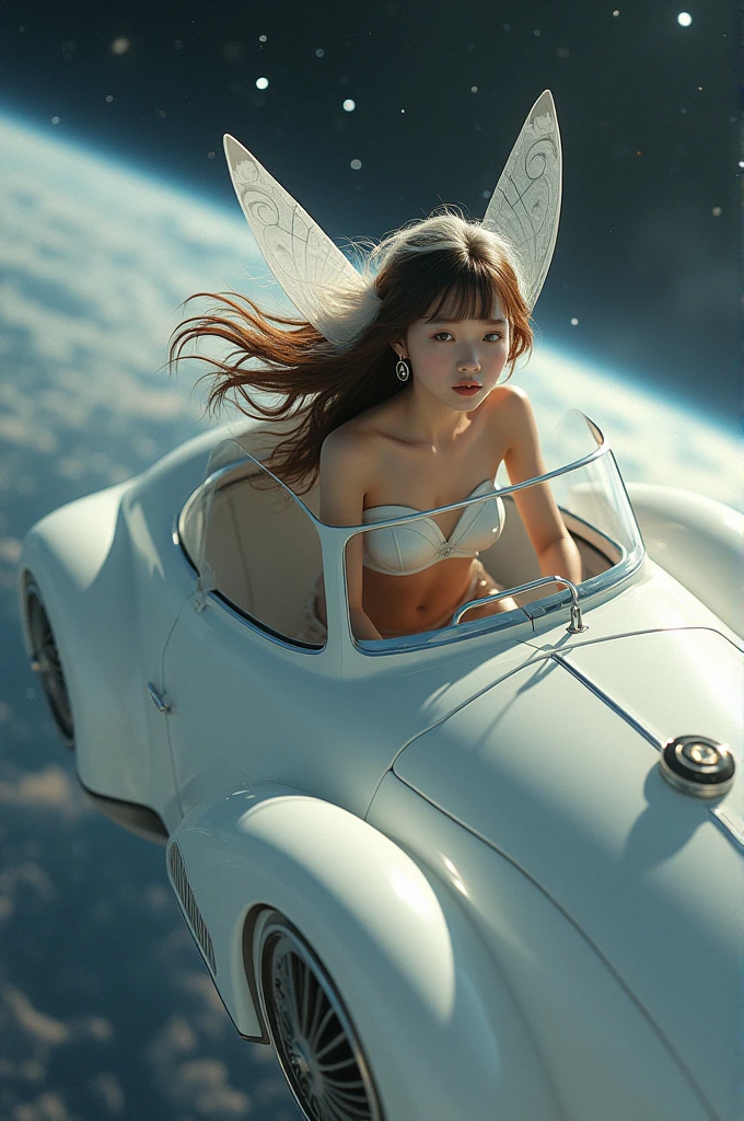 Girl with brown hair and a white fringe, convinced white short leather. She is wearing a bee wing, she is in a flying white car flying through space