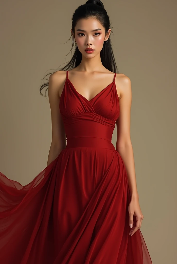 Very realistic elegant female body with skin-colored lips, hair with a ponytail looking forward, full body, golden beige skin color, blood-colored dress, Chinese nationality, black eyes
